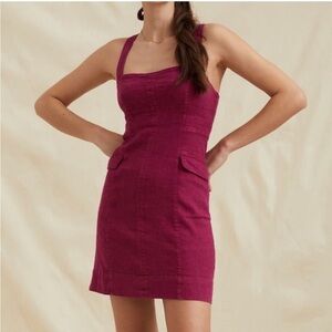 Anthropologie Medium Pink Square Neck Stretch Linen Sleeveless Mini Dress Sz 14